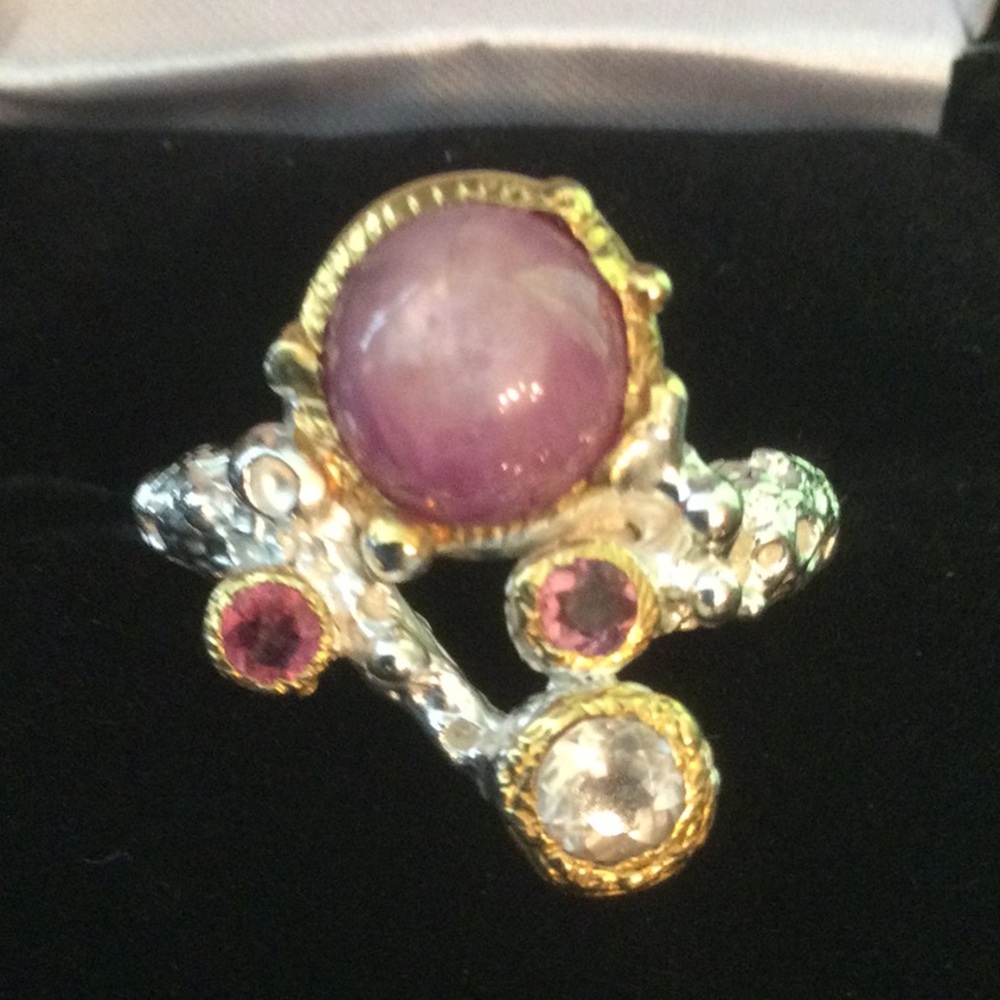 ⭐️Rare,  Star Ruby Cabochon, Pink Topaz & Aquamarine Ring⭐️ - Picture 6 of 14